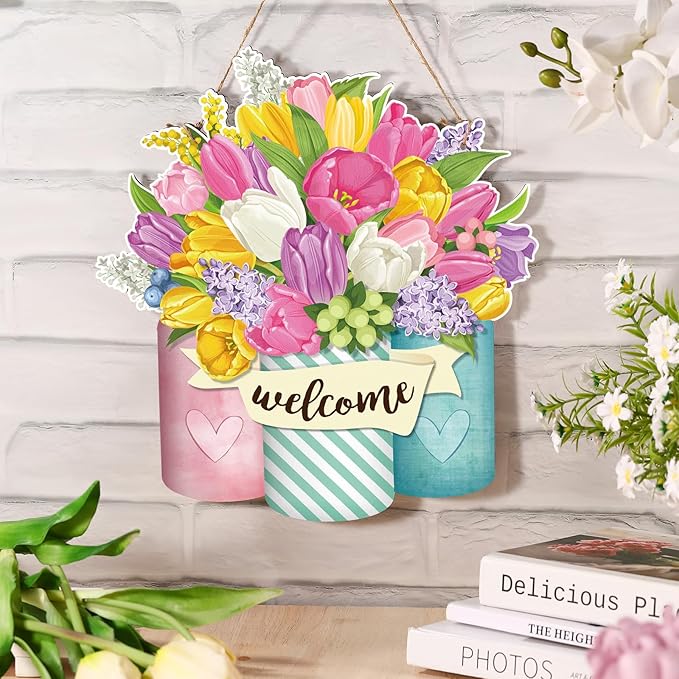 Spiareal Flower Welcome Sign Spring Front Door Decor Wood Hanging Door Outdoor Sign Spring Summer Welcome Pink Flower Wreaths Decorations for Farmhouse Floral Porch (Bright Style)