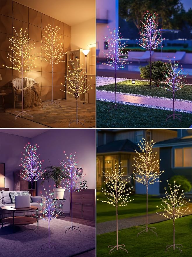 Lomotech Lighted Cherry Blossom Tree - 4Ft 6Ft 7Ft, Set of 3, Color Changing Artificial Tree with 11 Modes Timer for Indoor Outdoor Party Holiday Christmas Decorations(Warm White to Multicolor)