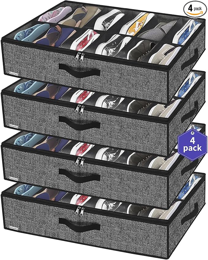 Onlyeasy Under Bed Shoe Storage Organizer For Closet, 4 Pack Fit 12x4 Pairs, Underbed Solution Shoes Container Bags with Sturdy Sidewall & Reinforced Handles, Breathable, Linen-like Black, MXAUBSB4P