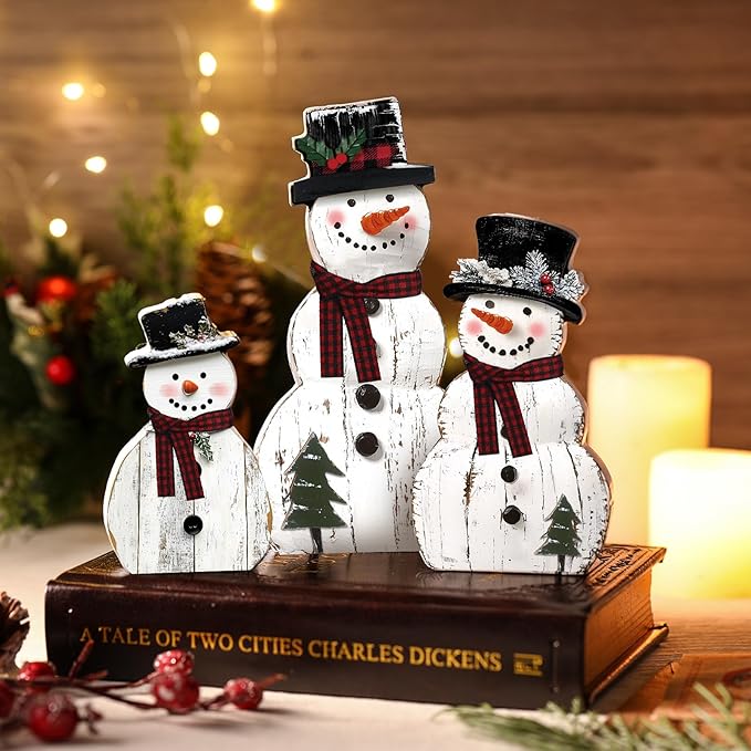 Barydat 3 Pcs Snowman Christmas Decor Winter Wooden Table Decorations, Rustic Snowman Table Centerpieces Block Sign for Xmas Holiday Party Indoor Home Kitchen Office Room Decorations