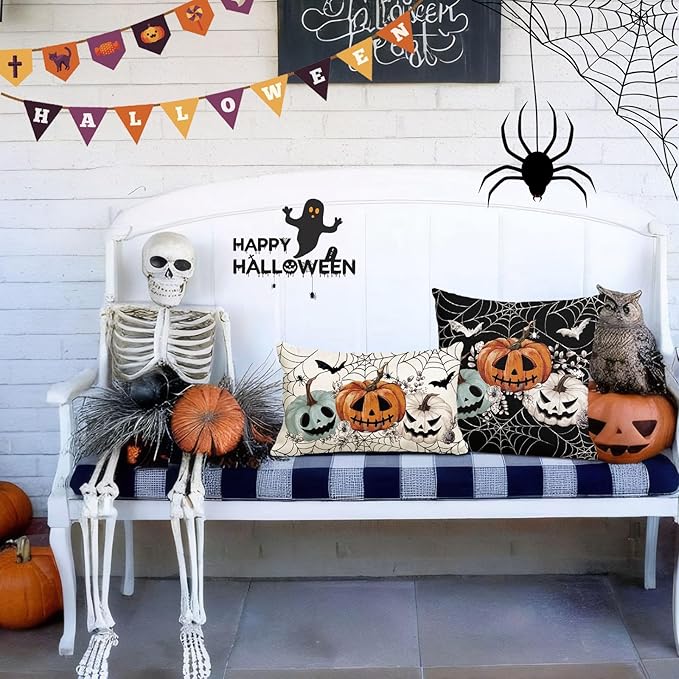 Baccessor Halloween Pillow Cover 12x20 Inch, Pumpkins Bats Spider Web Lumbar Pillow Case Halloween Decor for Cushion Sofa Couch Indoor Outdoor Decoration 1 Piece