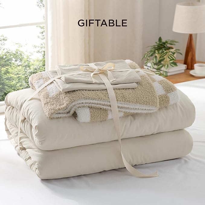 Bedsure Twin Comforter Set with Checkered Throw Blanket for Couch - 3 Pieces, 1 Beige Comforter Twin Size, 1 Pillow Sham, 1 Checkered Blanket, Super Soft, Lightweight & Fluffy for Bed & Sofa