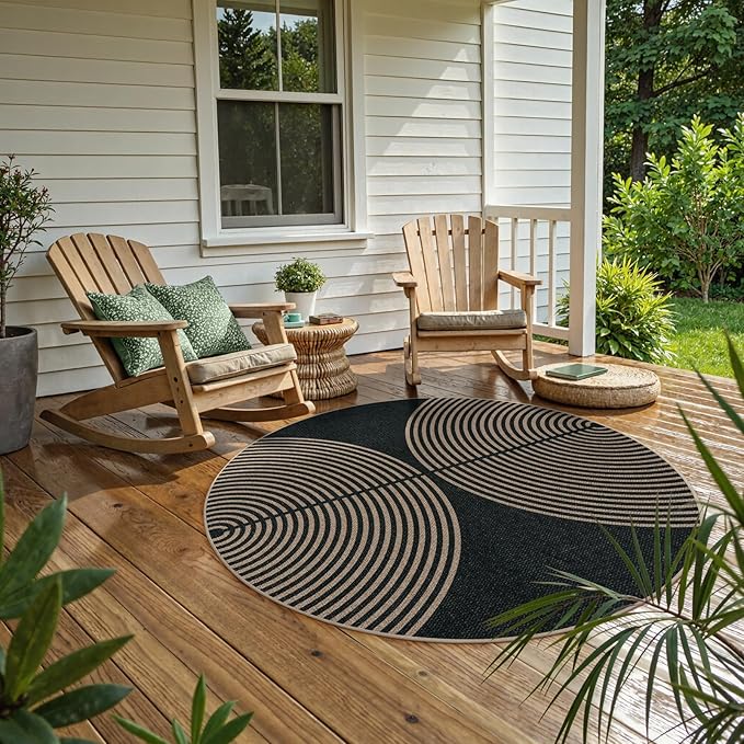 Lahome Modern Rainbow Round Rug, 6ft Easy Jute Circle Patio Rug Washable Indoor Outdoor Carpet for Living Room, Farmhouse Natural Contemporary Round Mat for Entryway Backyard Porch