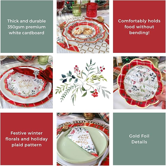 Kate Aspen 62pc Christmas Tableware Set Holiday Dinner Party Kit - 16pcs 7 inch & 9 inch Heavy Duty Disposable Party Plates, 30pcs 6.5 inch Durable Paper Napkins
