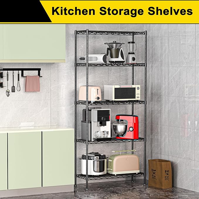 GIOTORENT 5-Wire Garage Shelving Storage Shelves, Metal Shelf Organizer 1400Lbs Capacity, Kitchen Storage Adjustable Shelf for Laundry Bathroom Pantry Closet, Black 30.2''L x 14.2''W x 79.1" H