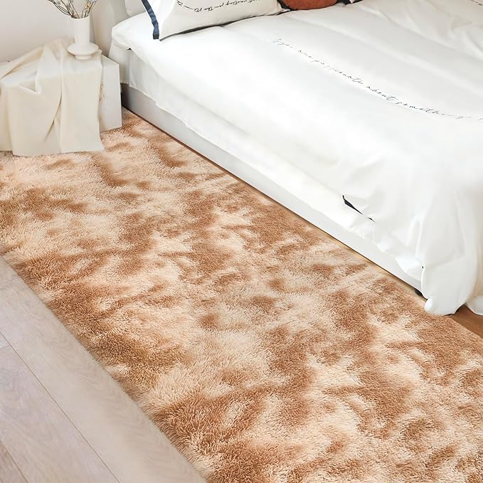 Super Soft Fluffy Living Room Area Rugs 3x10 ft Tie-Dyed Beige Shaggy Furry Carpet Washable Non-Slip Floor Rug Bedroom Bedside Nursery Rug Fuzzy Girls Boy Reduce Noise Dorm Home Decor