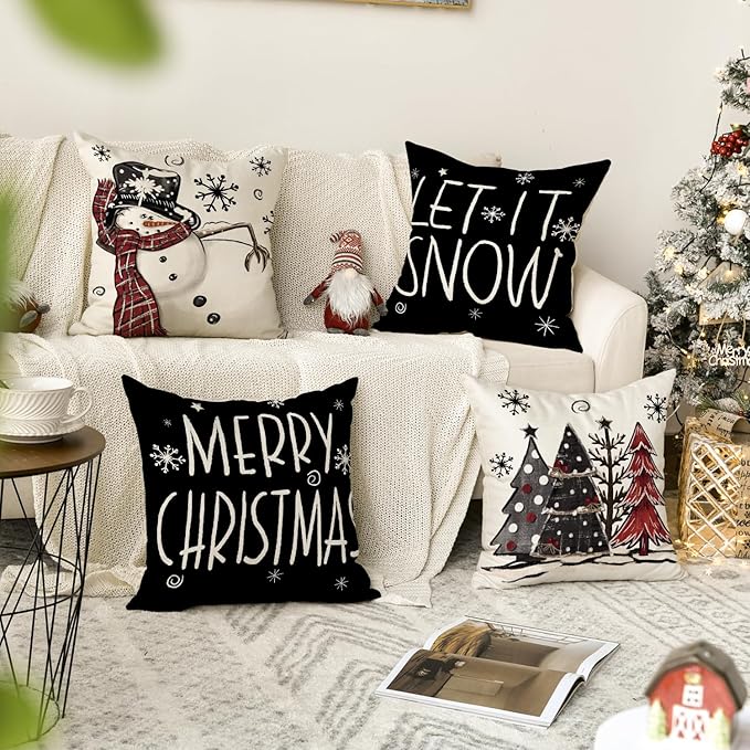 AVOIN colorlife Merry Christmas Snowman Let It Snow Black Throw Pillow Covers, 20 x 20 Inch Xmas Tree Winter Holiday Cushion Case Decoration for Sofa Couch Set of 4