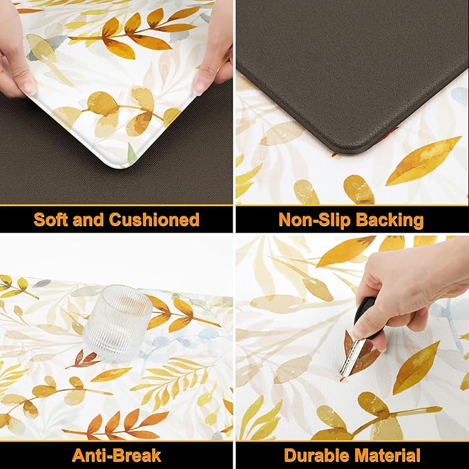 SHACOS Fall Anti Fatigue Kitchen Mat 2 Pcs Autumn Orange Leaves Maple Leaf Non Slip Cushioned Kitchen Floor Mats Ergonomic Standing Mat Fall Decor 17x27.5+17x47