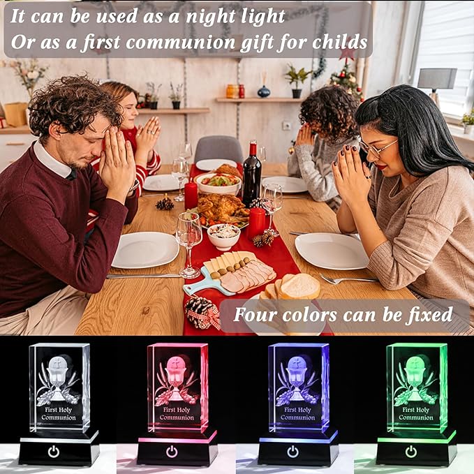 Movdyka 3D Crystal First Communion Gifts for Girls Boys Decorations Laser Engraved 3D Holy Grail Figurine Catholic Baptism Gifts with Colorful LED Base