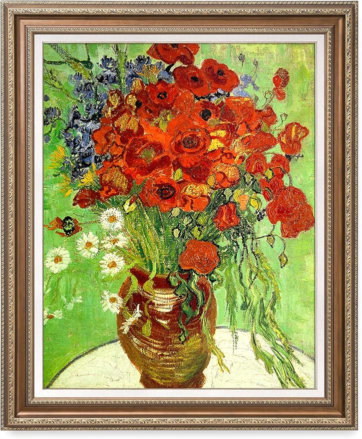 DECORARTS - Red Poppies and Daisies, Vincent Van Gogh Art Reproduction. Acid Free Cotton Canvas Giclee Print w/Bronze Frame&Mat for Wall Decor.