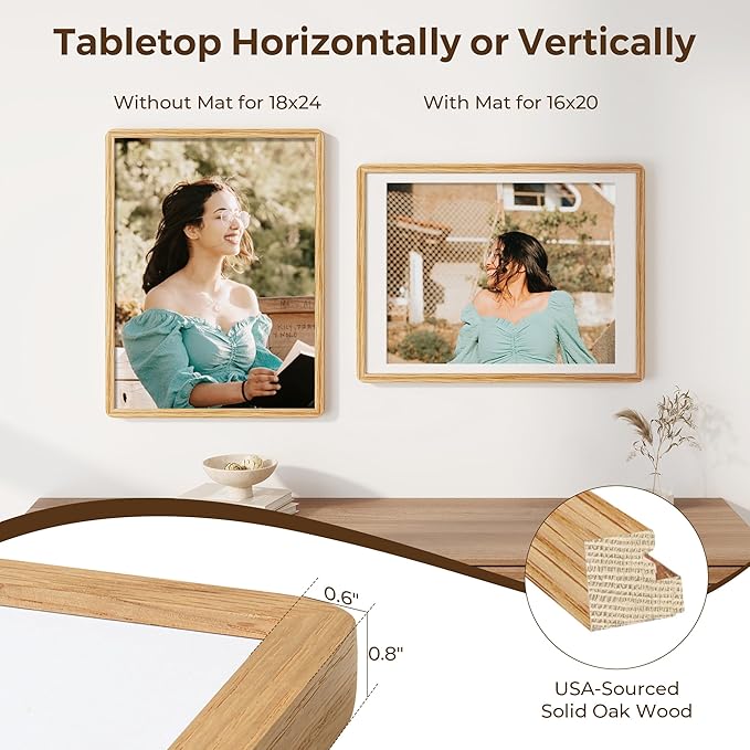 18x24 Picture Frame for Wall, 18 by 24 Wood Frame, Made of Solid Oak Wood & Tempered Glass, 18 x 24 Frame Matted to 16x20, Rustic 18 by 24 Poster Frame,18x24 Art Frames, Natural Oak Color, 1 Pack