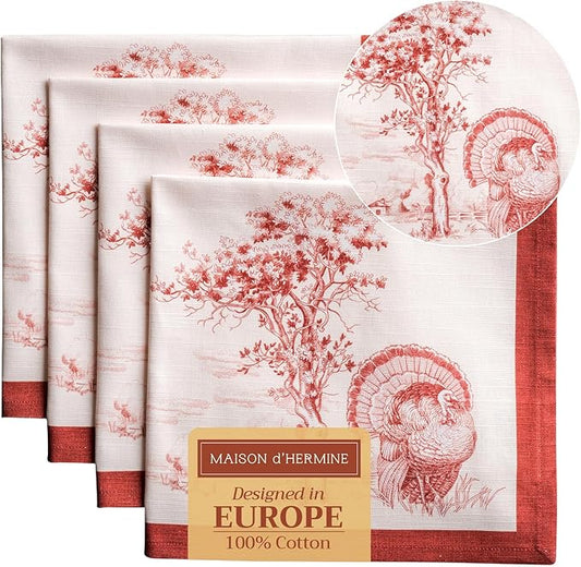 Maison d' Hermine Cloth Napkins Set of 4 100% Cotton Everyday Reusable Square Napkins Cloth Washable, Dinner, Party, Wedding, Restaurant (Holy Jouy - Red, 20" x 20")