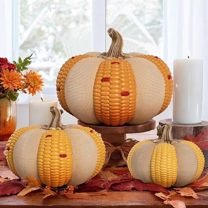 Set of 3 Decorative Corn Pumpkins, Fall Resin Stackable Pumpkins for Decorating, Thanksgiving Harvest Autumn Seasonal Outdoor Porch Decor, Indoor Table Centerpiece Mantel Home Decorations