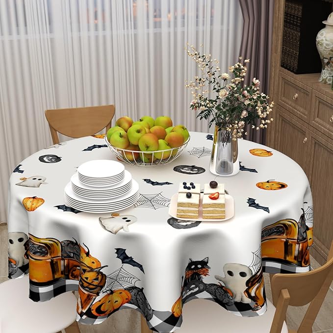 Kawani Halloween Tablecloths - Round Spooky Tablecloths with Pumpkins & Ghosts, 60 Inch, Perfect for Kitchen & Dining Room Dinner Parties