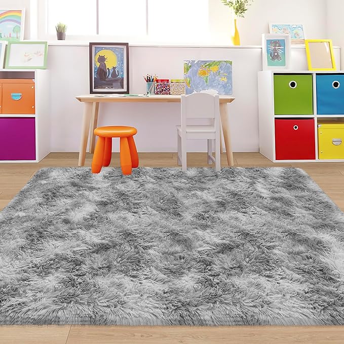 Tie Dye Grey Fluffy Rug for Bedroom 4x6ft Soft Shag Area Rug Mat Bedside Throw Rug for Living Room Kids Room Boys Teens Nursery Baby Dorm Office Home Decor Carpets
