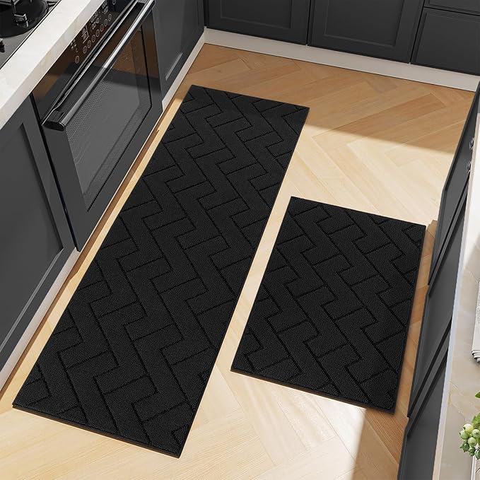 hicorfe Kitchen Rugs and Mats Sets,2 Pieces Super Absorbent Polypropylene Non-Slip Rug,Soft Comfort Floor Mat,Washable for Kitchen,Hallway,Office,Sink,Laundry(24" x 35"+24" x 71",Black)