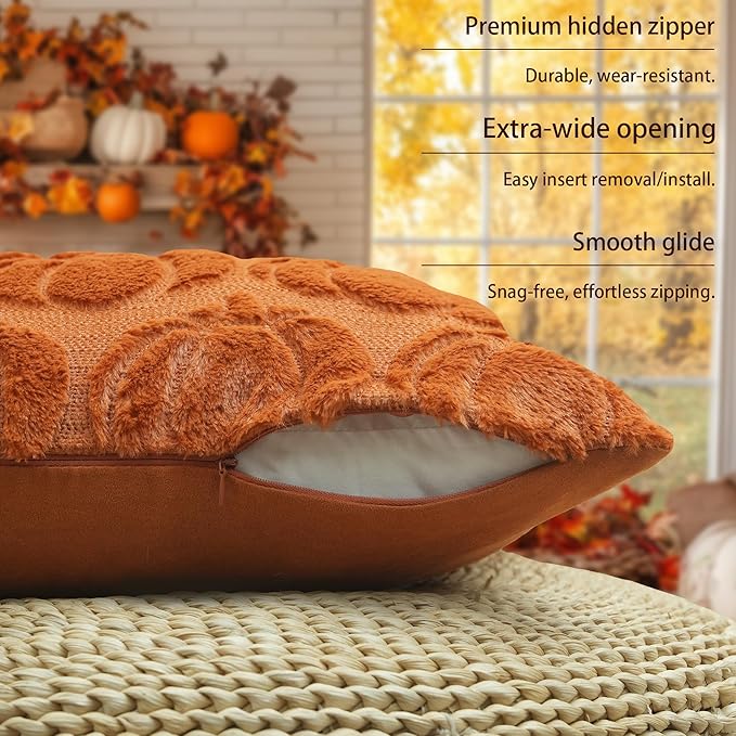 GEEORY Fall Pumpkins Soft Plush Pillow Covers, 20 x 20 Inch Set of 2, Fluffy Faux Fur Wool Decorative Farmhouse Cushion Case for Sofa Home Decoration Orange Pumpkin GC021-20
