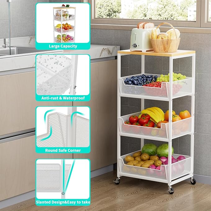HapiRm Fruit Basket Kitchen Cart - 4-Tier Rolling Storage Cart with Wheels, Wood Top Utility Pantry Cart for Vegetables, Potatoes, Onions, Bread, Snacks