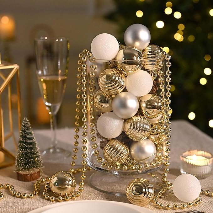 Valery Madelyn 1.57 Inches Small Christmas Tree Decorations Ornament Set for 4th of July Fall Halloween, 24ct White and Gold Shatterproof Hanging Ball Ornaments Holiday Party Decor