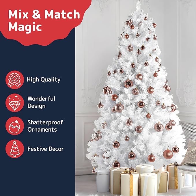 PREXTEX Champagne Christmas Ball Ornaments (36 pcs) - Shatterproof Christmas Tree Decorations with Hanging Loops in 6 Styles and 3 Sizes - Xmas Ornaments Set for Indoor and Outdoor Decor