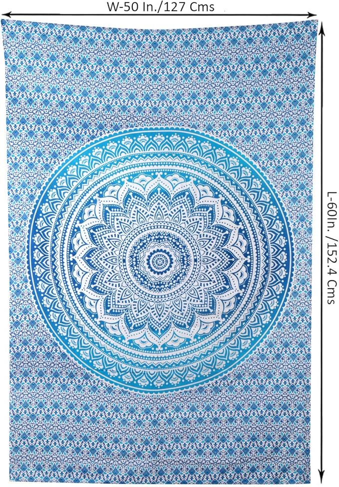 RAJRANG Small Mandala Tapestry for Bedroom and Living Room Bohemian Wall Hanging Cotton Tapestries Blue Ombre 60x50 Inch