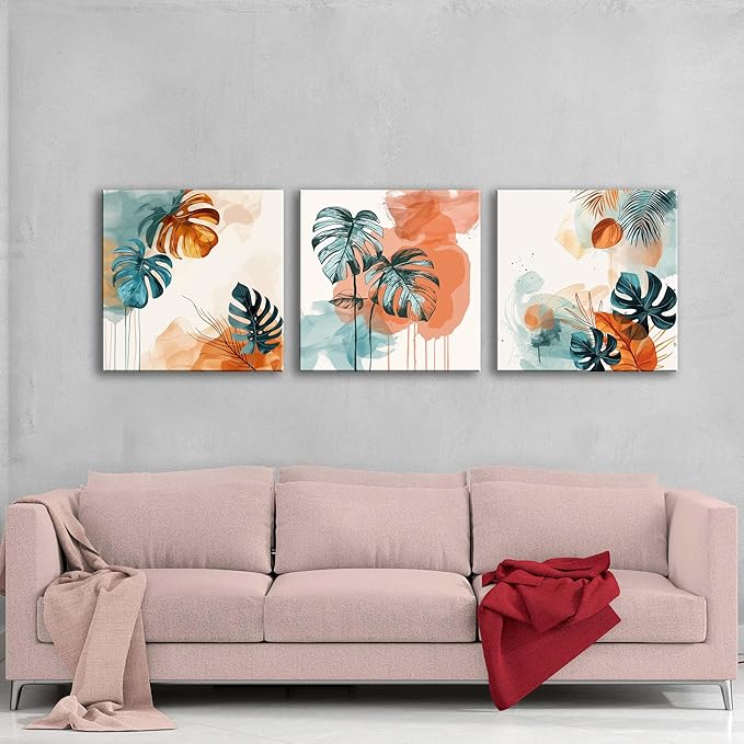 NAN Wind 3Pcs Abstract Tropical Leaves Canvas Art Modern Botanical Wall Decor Teal and Orange Leaf Minimalist Jungle Wall Art Framed Contemporary Nature-Inspired Print for Living Room or Bedroom