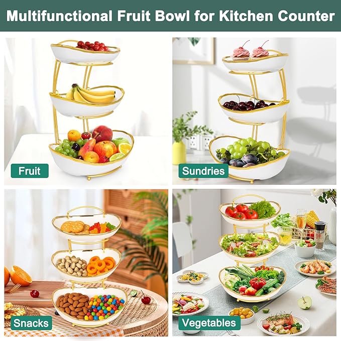 3 Tier Fruit Bowl for Kitchen Counter, Ceramic Serving Bowls with Gold Metal Stand, Tiered Fruit Basket Display Rack for Fruits Vegetable Snack Nuts Cake Dessert Storage