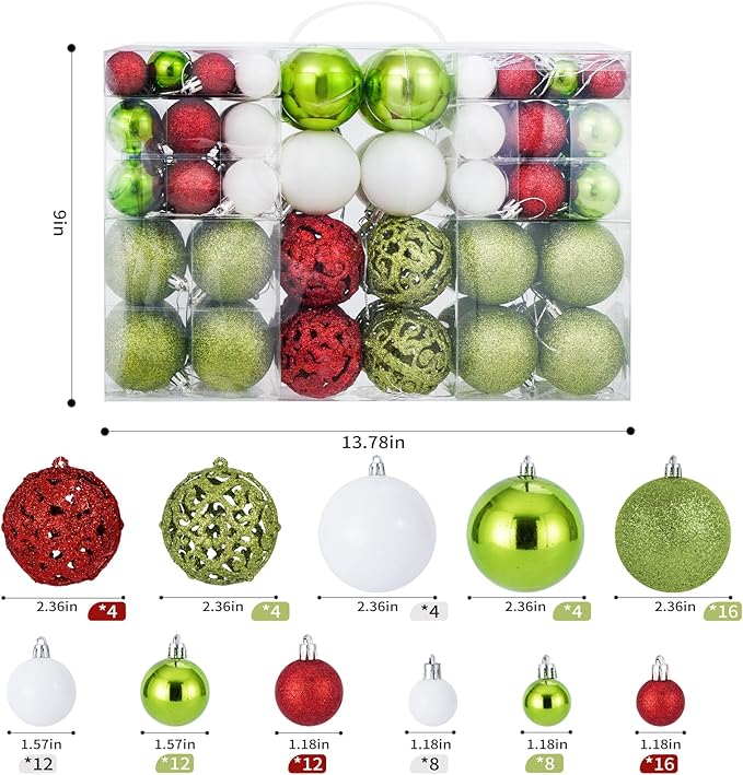 Christmas Balls Tree Ornaments, Shatterproof Christmas Decorations Set with Reusable Hand-held Gift Package for Holiday Xmas Tree Decor(Red, Green & White)