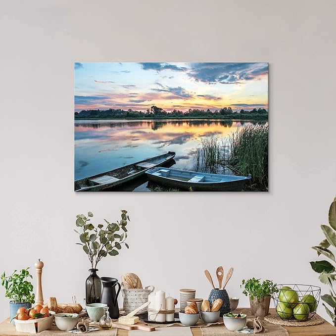 Lake Landscape Canvas Wall Art: Modern Colorful Sunset Scene Prints Nature Green Reed Boat Painting Wilderness Forest Shore Gallery Artwork Sunrise Skyline Scenery Picture for Bedroom Bathroom