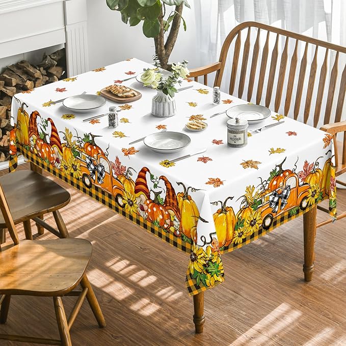 Horaldaily Fall Tablecloth 60x120 Inch Rectangular, Thanksgiving Autumn Harvest Orange Truck Gnome Pumpkin Buffalo Plaid Table Cover for Party Picnic Dinner Decor