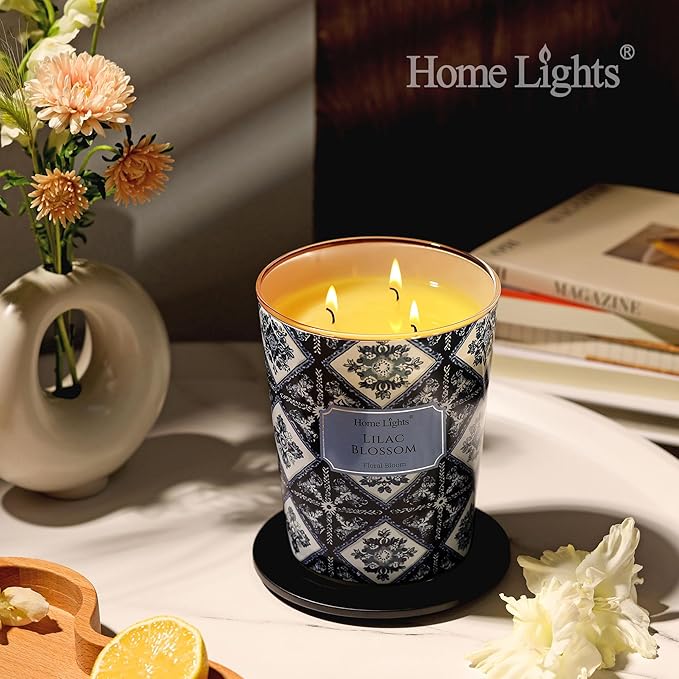 HomeLights Lilac Blossom Scented Candles | 34oz Soy Candles Bohemian Natural Textures 3-Wick Large Candle Jars | Ideal Candle Gifts for Events, Home Decor Stress, Relief & Relaxation