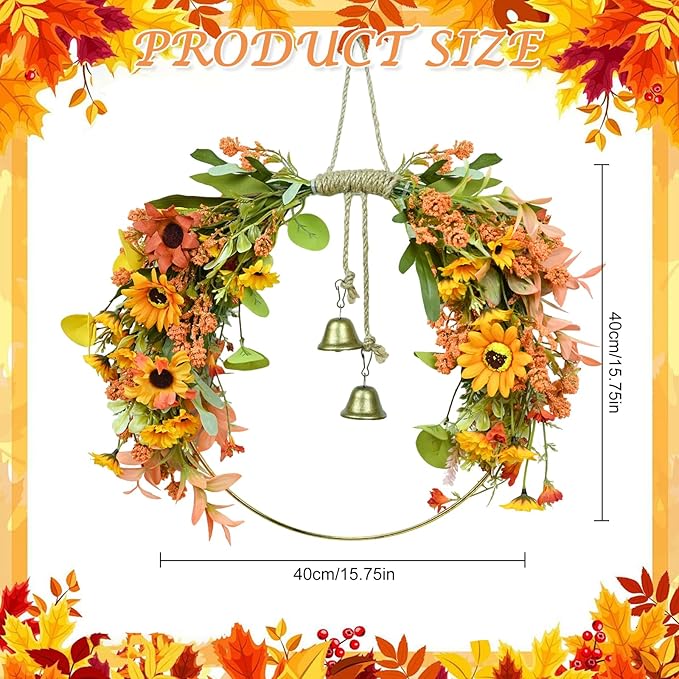 Fall Leaves Wreaths for Front Door Fall Half Wreath with Bell Artificial Falls Sunflowers Wreath with Mixed Leaves, Autumn Hoop Wreaths for Thanksgiving Window Home Wall Farmhouse Outdoor Indoor Décor