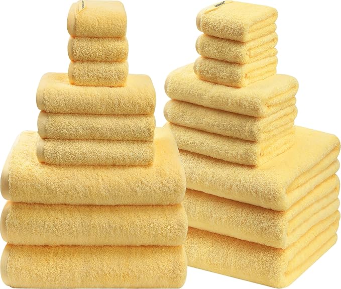 SEMAXE 18-Pack Bath Towel Set Include 6 Bath Towels, 6 Hand Towels, 6 Wash Cloths, 100% Cotton Bathroom Towels with Hanging Loops and Nano-Bio Lifecycle Labels, Soft and Absorbent Towel, Yellow