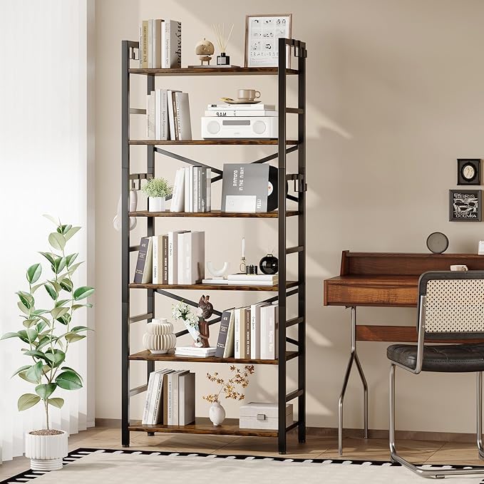 6 Tier Bookshelf, Industrial Bookcase with 8 Hooks, Vintage Storage Rack with Open Shelves, Rustic Standing Bookshelves Metal Frame Display Rack for Living Room, Bedroom, Rustic Brown