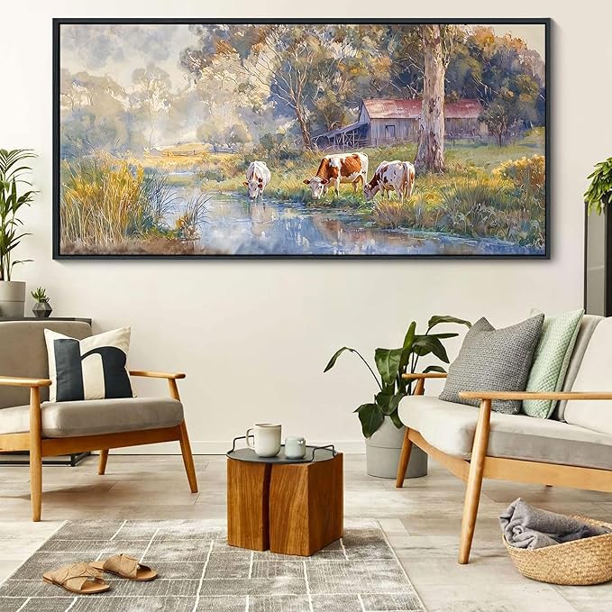 JEAWA Large Framed Canvas Painting - Watercolor Landscape Wall Decor, Country Picture with Wooden House and Green Trees, Cow Art Prints for Bedroom Living Room Home Decoration, 29x58 IN