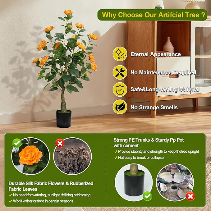 3ft Artificial Camellia Tree with White Silk Flowers - Realistic Faux Flowering Plant for Indoor/Outdoor Decor, Home Staging & Wedding Centerpieces, Set of 2-Orange