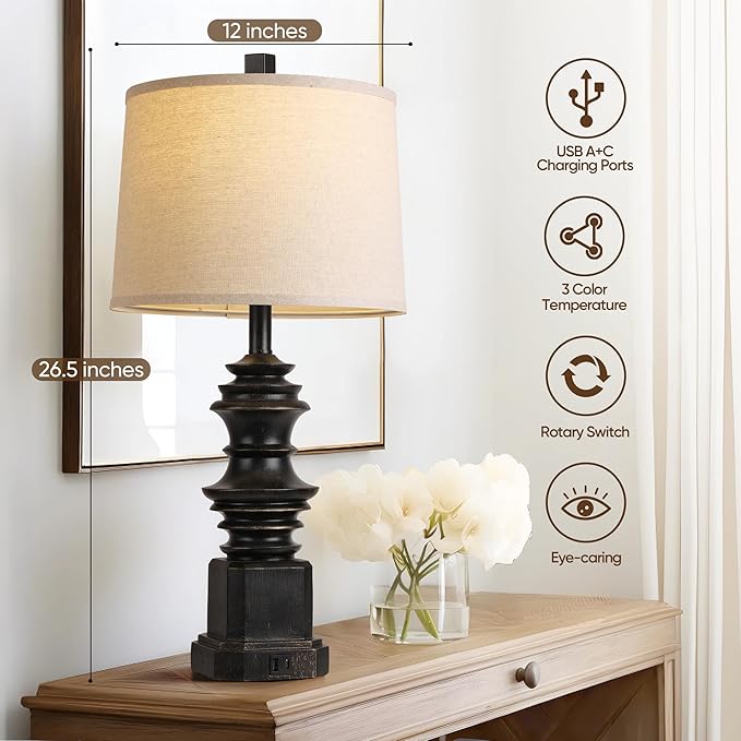 QiMH Table Lamps for Nightstand Set of 2, Bedside Lamp with USB A+C Charging Ports, Farmhouse Table Lamp with Linen Lampshade, Lamps for Living Room, Bedroom Lamps with LED Bulbs, Black