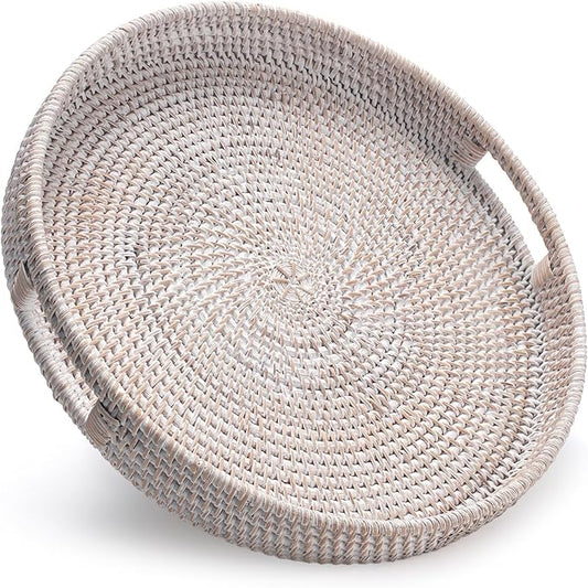 13.8 inch Round Rattan Tray, Decorative Coffee Table Tray, Ottoman Tray, Woven Serving Tray with Handles, Wicker Serving Basket, Whitewash