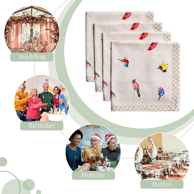 Maison d' Hermine Cloth Napkins Set of 4 100% Cotton Everyday Reusable Square Napkins Cloth Washable, Dinner, Party, Wedding, Restaurant, Spring/Summer (Birdies On Wire, 20" x 20")
