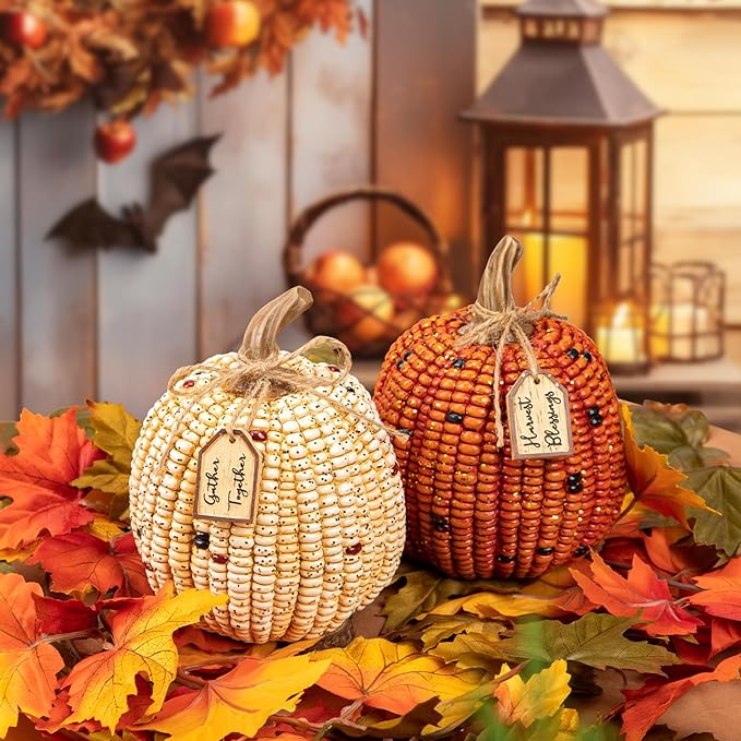 Briful Pumpkins Fall Decoration, 2PCS Decorative Corn Cob Pumpkins Resin Fake Pumpkins Autumn Home Rustic Decor for Thanksgiving Harvest Halloween Table Centerpiece Shelf Indoor Outdoor Porch Decor