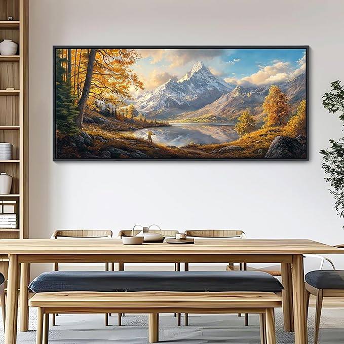 YCPRIMER Extra Large Landscape Wall Art - Mountain Canvas Wall Decor Nature Forest Picture Yellow Tree Painting Moon Art for Living Room Bedroom Dining Room Decoration Framed Artwork Size 70x31inchs