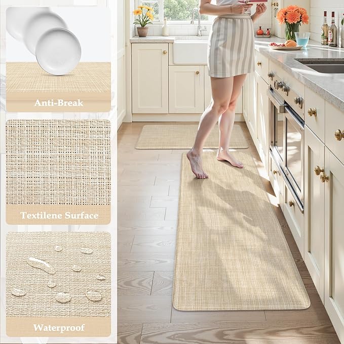 KIMODE Anti Fatigue Kitchen Mats 20"x47"+20"x32", Farmhouse Kitchen Rugs Sets of 2, Cushioned Non Skid Kitchen Mats for Floor, Comfort Kitchen Floor Mats for Sink Laundry Desk Beige