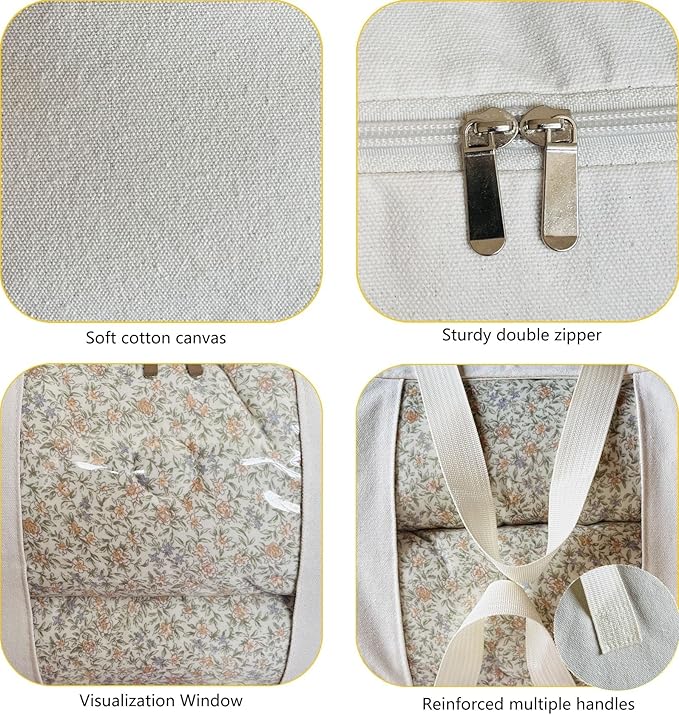 Soft Large Canvas Storage Bags with Zipper and Clear Window, Cotton Linen Storage Organizer for Pillows, Quilt, Blankets and Comforter, 80L, 4 Pack, Beige
