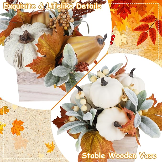 winemana 2 Pack Fall Decorations for Home - Artificial Pumpkin, Gourd, Berries & Leaves in Wood Vase | Autumn Table Centerpiece for Dining, Mantel, Indoors