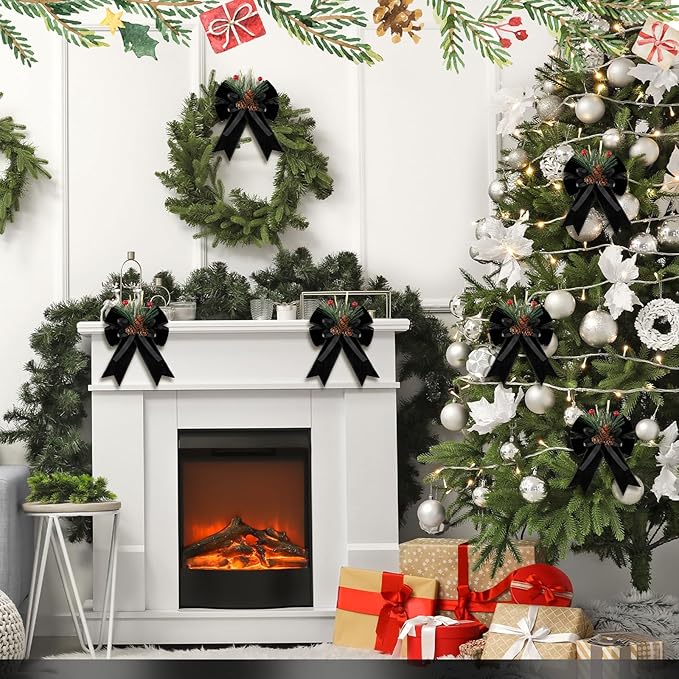 Syhood 6 Pcs Christmas Bows with Pine Cones Pine Needles Black Xmas Velvet Bows Elegant Ribbon Christmas Tree Wreath Decoration for Xmas Parties Indoor Outdoor Crafts DIY Decor