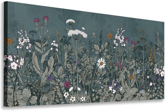 NINEASO Botanical Canvas Wall Art - Dusty Blue Wildflower Nature Pictures Bloom Floral Wall Decor Flower Plants Painting Print Artwork for Living Room Bedroom Home Office Decorations 24" x 48"