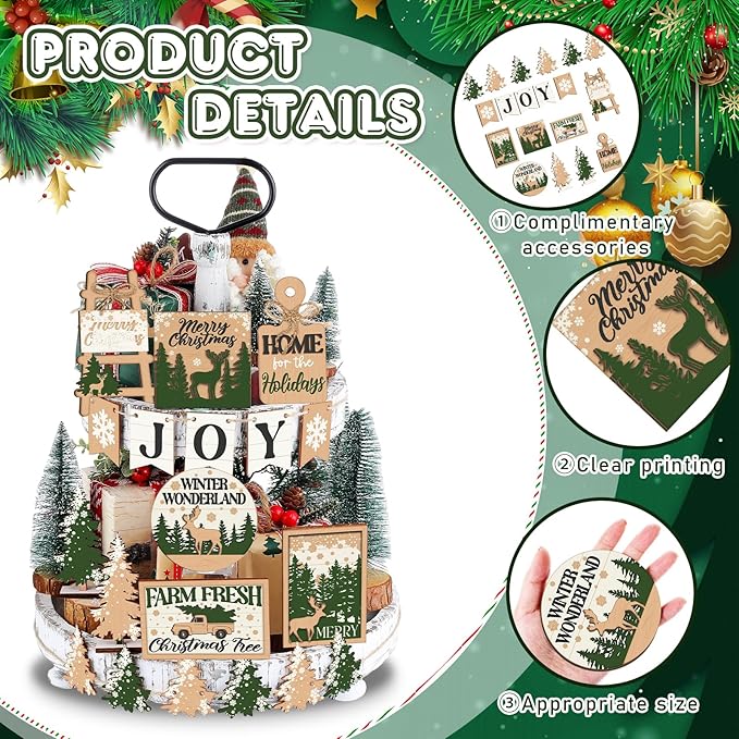 17 Pcs Christmas Tiered Tray Decor Set Winter Tiered Tray Decorations Farmhouse Tabletop Centerpiece Christmas Wooden 3D Sign for Xmas Home Buffalo Plaid Rustic Table Decoration(Forest)