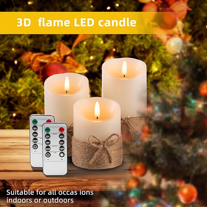 Flameless Candles Battery Operated Pillar Real Wax Electric LED Candle Gift Set with Remote Control and Timer, 4" 5" 6" Pack of 3 (Ivory Wax with Hemp Rope)
