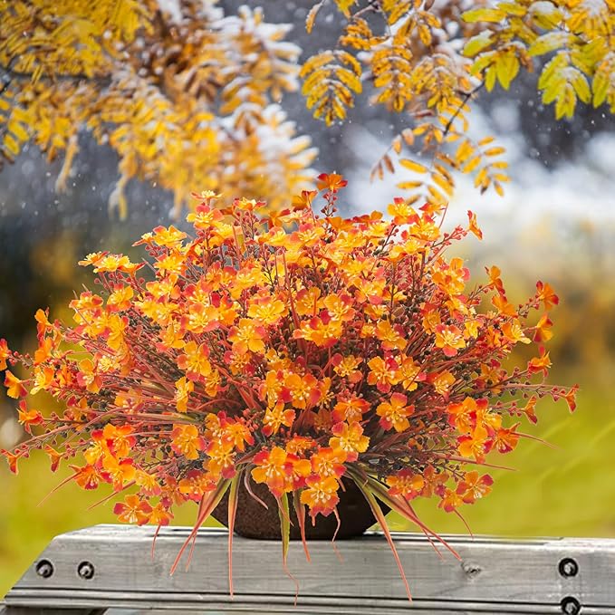 12 Bundles Artificial Fall Flowers for Outdoors Fake Plants UV Resistant Plastic Plants Shrubs Bushes for Home Fall Front Door Porch Garden Autumn Decor (Fall Red)
