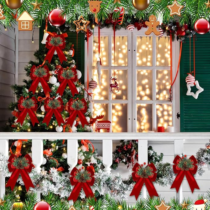 Syhood 6 Pcs Christmas Velvet Bow with Pine Cones Pine Needles Berries Xmas Wine Red Ribbon Bow Ornaments 6.3 x 5.1 Inch for Christmas Tree Wreath Garden Fireplace Crafts DIY Decor